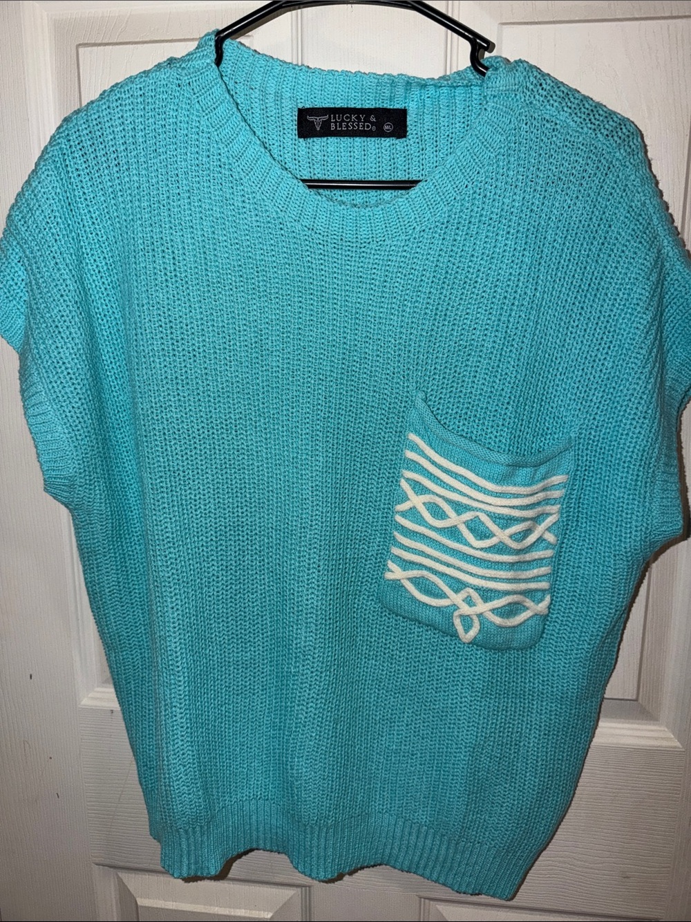 Lucky & Blessed Turquoise Knit Scoop-Neck Sweater with Cream Accent Pocket